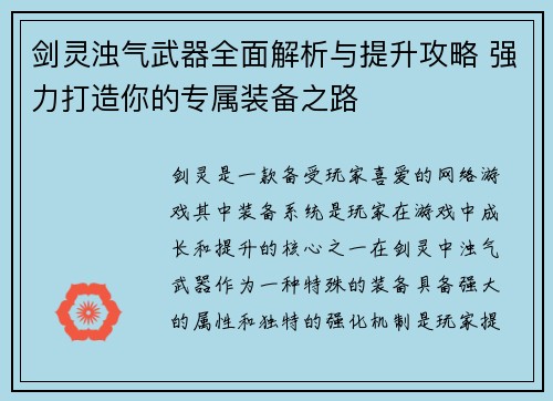 剑灵浊气武器全面解析与提升攻略 强力打造你的专属装备之路